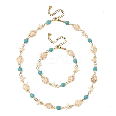 Starfish & Turtle Synthetic Turquoise Beaded Necklace & Bracelet Sets SJEW-JS01385-01-1