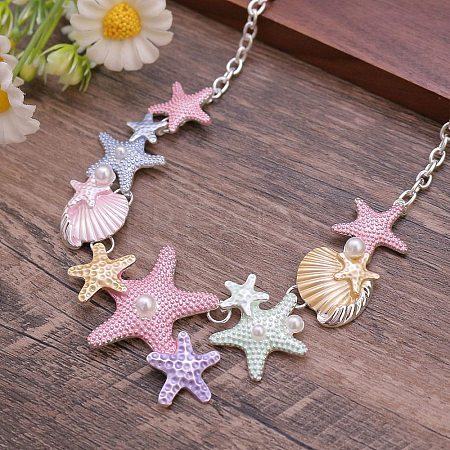 Summer Beach Alloy Colorful Enamel Starfish & Shell Bib Necklaces NJEW-B113-06-1