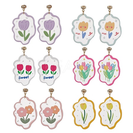 6 Pair 6 Style Acrylic Flower Dangle Stud Earrings EJEW-JE05471-1