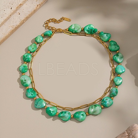 304 Stainless Steel with Dyed Green Natural Shell Nuggets Beaded Double Layer Necklaces for Women NJEW-G181-09G-1