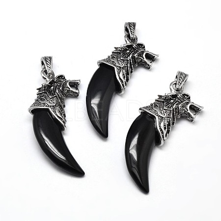 Tusk Shape with Wolf Antique Silver Zinc Alloy Natural Dyed & Heated Black Agate Big Pendants X-G-F228-63B-FF-1