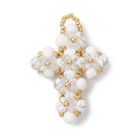 Natural Howlite Round Beads & Glass Seed Beaded Cross Pendants PALLOY-MZ01151-03-1