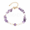 Natural Amethyst Chip Beaded Bracelet with Natural Pearl BJEW-TA00072-02-1