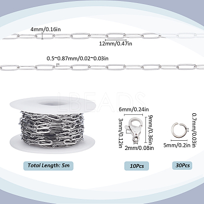 5M 304 Stainless Steel Paperclip Chains wih 50Pcs Open Jump Rings with 20Pcs  Lobster Claw Clasps FIND-SC0012-58-1