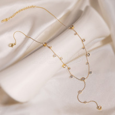 304 Stainless SteelPave Clear Cubic Zirconia Flat Round Link Chain Y Necklaces NJEW-Z088-01G-1