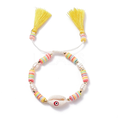 Natual Shell with Evil Eye & Pearl Braided Bead Bracelet BJEW-TA00049-01-1
