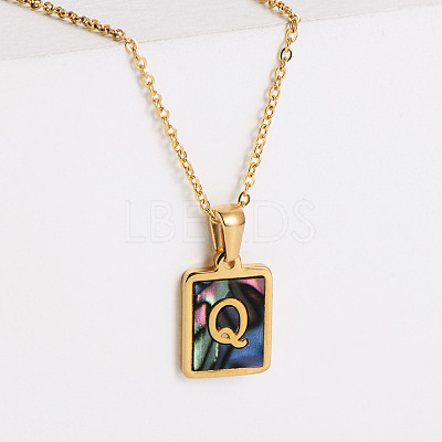 304 Stainless Steel Pave Natural Paua Shell Rectangle Initial Pendant Necklaces for Women FS-WG38E89-17-1