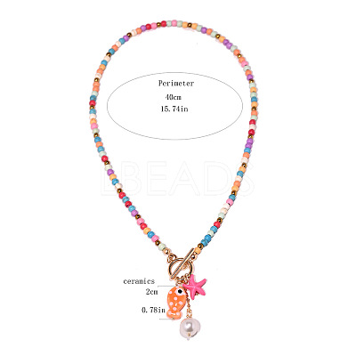 Bohemian Porcelain Fish & Imitation Pearl Round & Starfish Pendant Necklaces FS-WG8409B-01-1