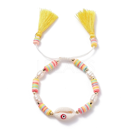 Natual Shell with Evil Eye & Pearl Braided Bead Bracelet BJEW-TA00049-01-1