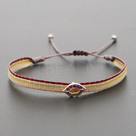 Vintage Bohemian Cotton Cord Braided Bracelets with Brass Micro Pave Hot Pink Cubic Zirconia Lip Beads HL6263-21-1