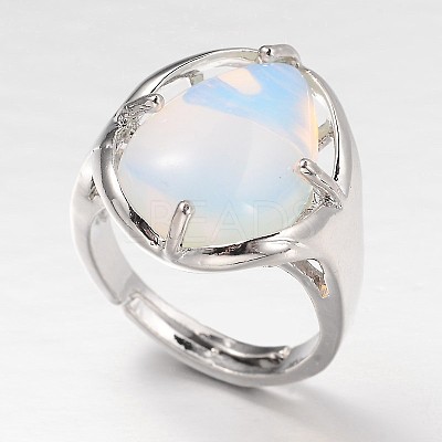 Teardrop Platinum Tone Brass Opalite Adjustable Wide Band Rings RJEW-L062-02A-1