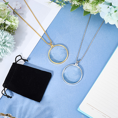 2Pcs 2 Colors Flat Round Glass Magnifying Pendant Necklaces NJEW-SP0001-02-1