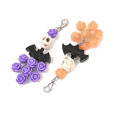 Halloween Synthetic Turquoise Skull & Wood Bat & Resin Rose Pendant Decorations HJEW-JM05046-1