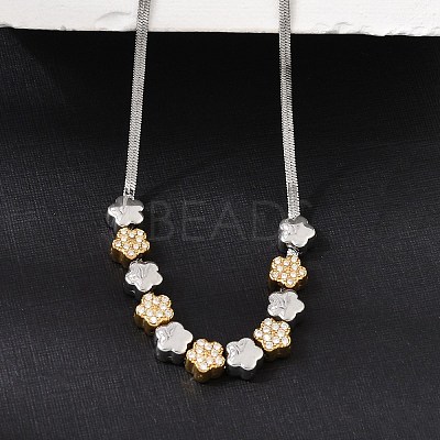 Duo Tone 304 Stainless Steel Micro Pave Clear Cubic Zirconia Beaded Pendant Flat Snake Chain Necklaces SA-CBAB122-01B-1