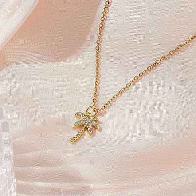 Coconut Tree Brass Micro Pave Clear Cubic Zirconia Pendant Necklaces NJEW-JN05148-02-1