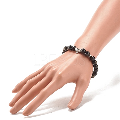 Natural Golden Sheen Obsidian Stretch Bracelet with Alloy Beads BJEW-JB08017-02-1
