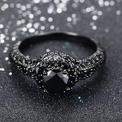 Flat Round Brass Jet Rhinestone Finger Rings FS-WG232E0-05-1