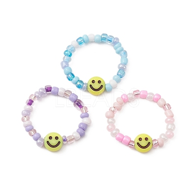 3Pcs 3 Color Glass Seed & Acrylic Smiling Face Beaded Stretch Rings Set RJEW-JR00577-1