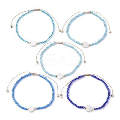 5Pcs 5 Colors Natural Shell Heart & Seed Braided Bead Bracelets Set BJEW-JB10039-01-1