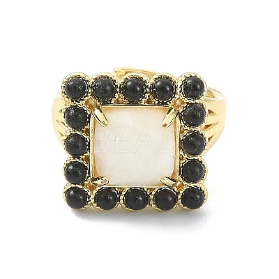 Synthetic Moonstone & Natural Black Agate Gemstone Rectangle Adjustable Ring RJEW-B030-01A-04-1