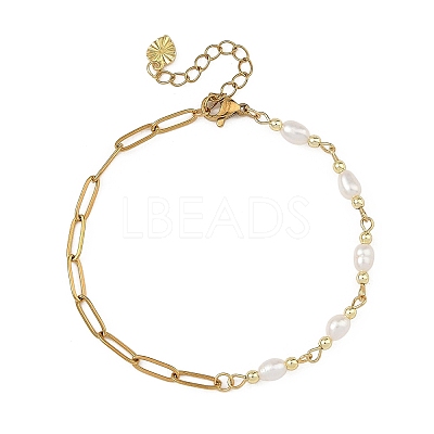 Natural Pearl Two Sides Polished Beaded Chain Bracelets with 304 Stainless Steel Paperclip Chains BJEW-JB14234-03-1