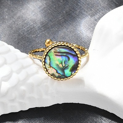 Flat Round 304 Stainless Steel Paua Shell Cuff Rings for Women RJEW-G346-10G-01-1