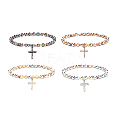 4Pcs 4 Color Glass & Synthetic Hematite Round Beaded Stretch Bracelets Set BJEW-JB08944-1