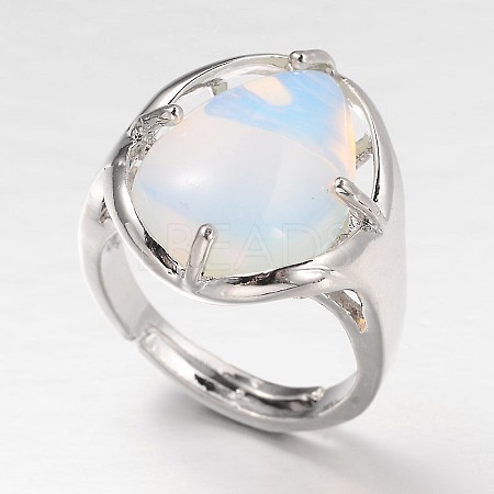 Teardrop Platinum Tone Brass Opalite Adjustable Wide Band Rings RJEW-L062-02A-1