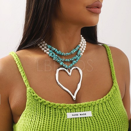 Boho Dyed Synthetic Turquoise Chip & Plastic Pearl Multi Layered Necklaces LS-NJEW-U006-04B-P-1