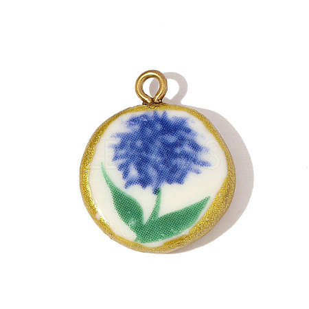 Flat Round Flower Pattern Porcelain Pendants STAS-OY005-78G-1