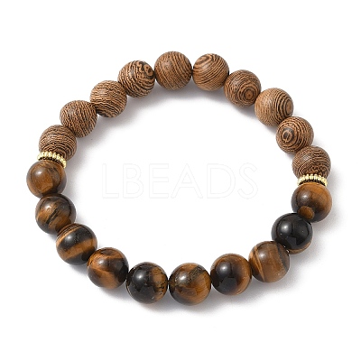 2Pcs 2 Styles Natural Tiger Eye & Wood Round Beaded Stretch Bracelets Sets for Men Women BJEW-JB12350-1