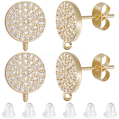 4 Pairs Brass Micro Pave Cubic Zirconia Flat Round Stud Earring Findings ZIRC-BBC0001-96-1