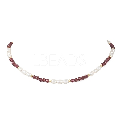 Faceted Round Natural Garnet and Rice Natural Pearl Beaded Necklaces for Women NJEW-JN05816-01-1