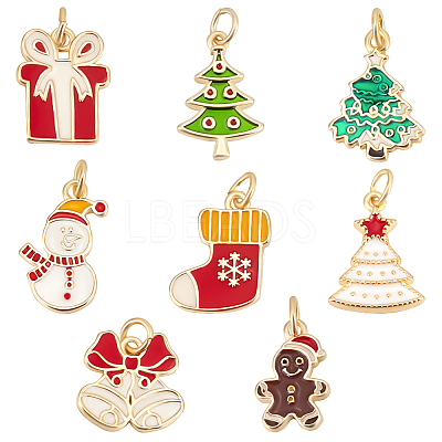 8Pcs 8 Styles Christmas Themed Real 18K Gold Plated Brass Enamel Charms KK-BBC0014-99-1