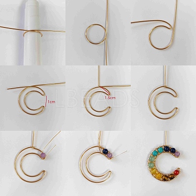 7 Chakra Round Mixed Stone Copper Wire Wrapped Moon Pendants PALLOY-TA00401-01-1