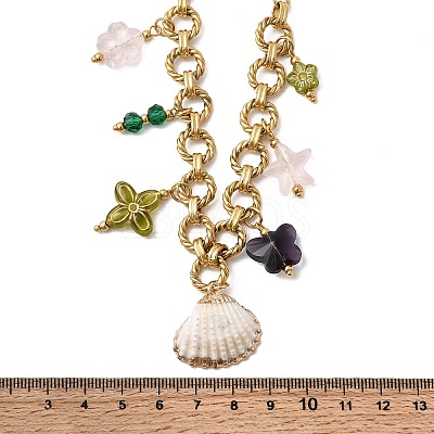 Electroplated Natural Shell & Glass Flower Butterfly Pendant 304 Staniless Steel Chain Necklaces for Women NJEW-A063-14G-1
