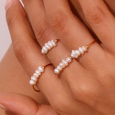 Nuggets Stainless Steel & Natural Freshwater Pearl Beads Finger Rings WG1BE4A-05-1