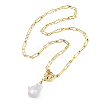 Natural Baroque Pearl Keshi Pearl Nuggets Pendant Brass Paperclip Chain Necklaces for Women NJEW-JN06145-1