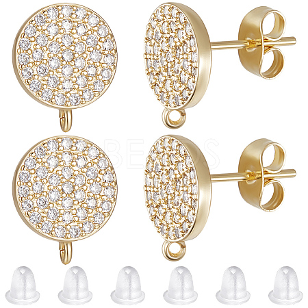 4 Pairs Brass Micro Pave Cubic Zirconia Flat Round Stud Earring Findings ZIRC-BBC0001-96-1