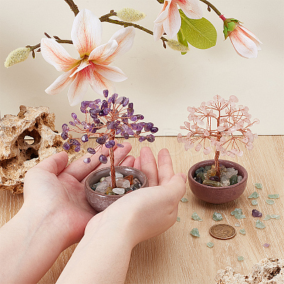 2Pcs 2 Styles Natural Amethyst & Rose Quartz Chips Tree of Life Decorations AJEW-OC0014-06B-1