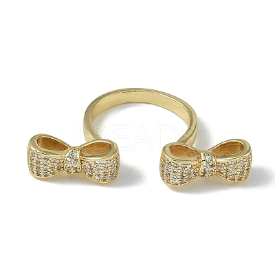 Rack Plating Brass Micro Pave Cubic Zirconia Bowknot Open Cuff Rings for Women RJEW-C088-03G-1