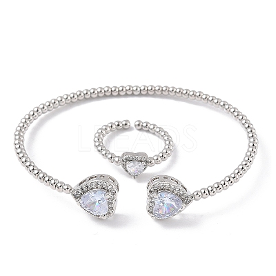 Heart Brass Micro Pave Cubic Zirconia Cuff Bangles & Rings Sets for Women SJEW-R002-05P-03-1