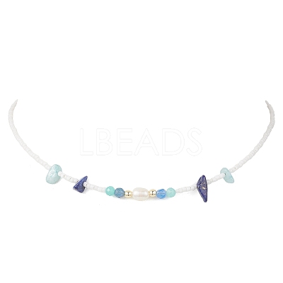 4Pcs 4 Styles Faceted Round and Chip Mixed Gemstone & Natural Cultured Freshwater Pearl & Glass Seed Baeded Necklaces for Women NJEW-JN05602-1