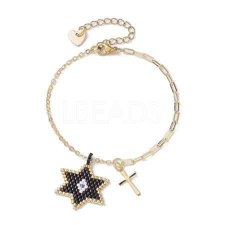 Glass Seed Star & Brass Cross Charm Bracelets BJEW-MZ00044-1