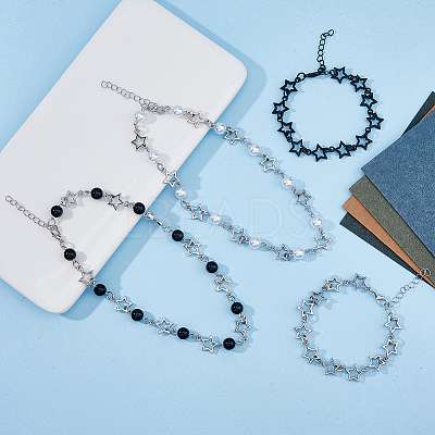 4Pcs 4 Style Alloy Hollow Star Link Chain Bracelets & Necklaces with ABS Plastic Pearl Beaded SJEW-FI0001-09-1