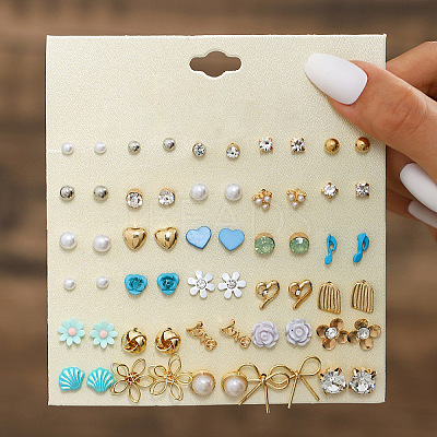 30Pairs Alloy & Plastic Imitation Pearl & Rhinestone Stud Earring Sets WGF62EF-16-1