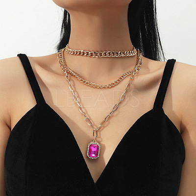 3Pcs Elegant Alloy Fuchsia Rhinestone Rectangle Pendant 3 Layer Necklaces Sets QV2693-1-1