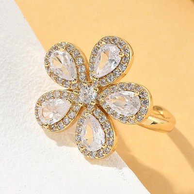 Flower Brass Micro Pave Cubic Zirconia Cuff Rings for Women RJEW-A069-14G-03-1