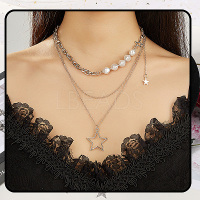 2 Sets 2 Styles Zinc Alloy Star Pendant Layered Necklaces for Women NJEW-SC0001-52-1