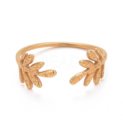 Ion Plating(IP) 304 Stainless Steel Leaf Open Cuff Ring for Women RJEW-C025-24G-1